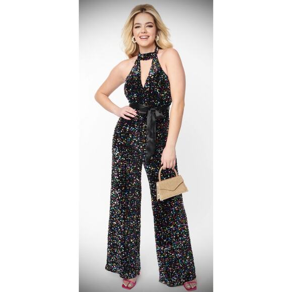 Smak Parlour 1970’s Black and Multicolor Sequin Jumpsuit 1X NWOT - Picture 1 of 6
